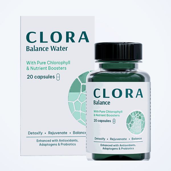 Clora Balance sötétzöld flakonja a dobozával, 20 kapszula