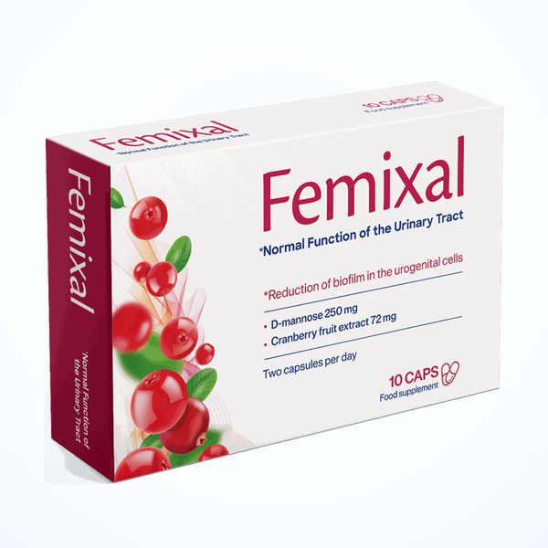 Fehér-piros Femixal doboz tőzegáfonya-mintával, 10 kapszula
