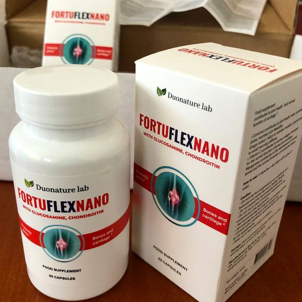 FortuflexNano fehér flakonja és doboza, 20 kapszula