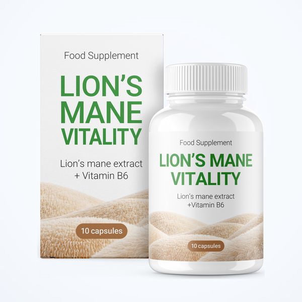 Lion's Mane Vitality fehér doboza és flakonja, 10 kapszula