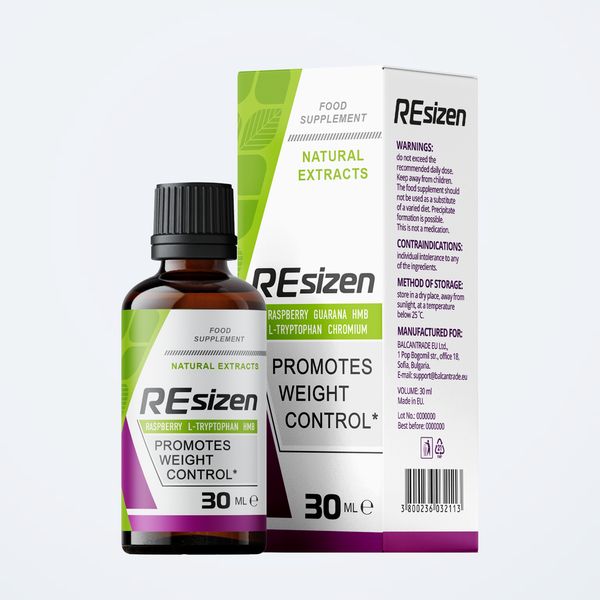 Resizen cseppek 30 ml-es barna üvege a zöld-lila dobozzal