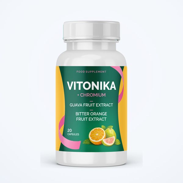 Fehér Vitonika flakon zöld-sárga címkével, 20 kapszula